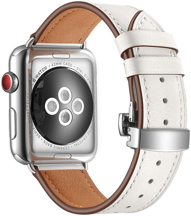 Apple Watch 41MM / 40MM / 38MM Bandje Echt Leer met RVS Vlindersluiting Wit afbeelding 3
