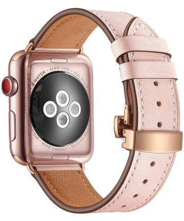 Apple Watch / 40MM / 38MM Bandje Echt Leer met RVS Vlindersluiting Roze | GSMpunt.nl