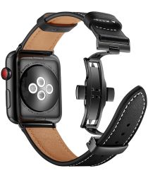 Apple Watch 41MM / 40MM / 38MM Bandje Echt Leer met RVS Vlindersluiting Zwart