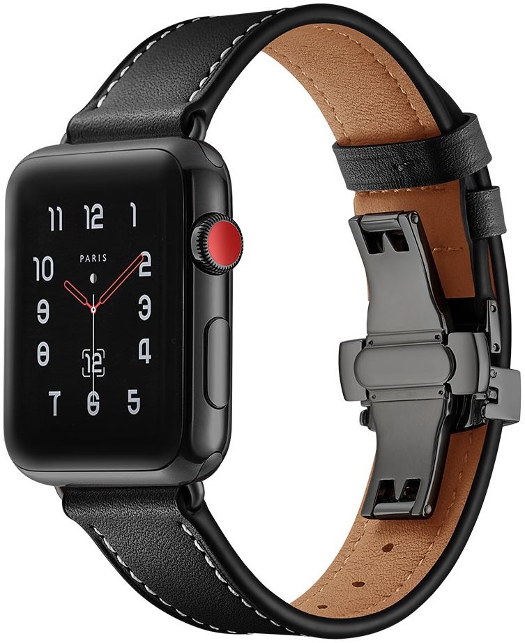 Apple Watch Band - 1-10/SE - 42/41/40/38MM - Echt Leer - Vlindersluiting - Zwart afbeelding 2