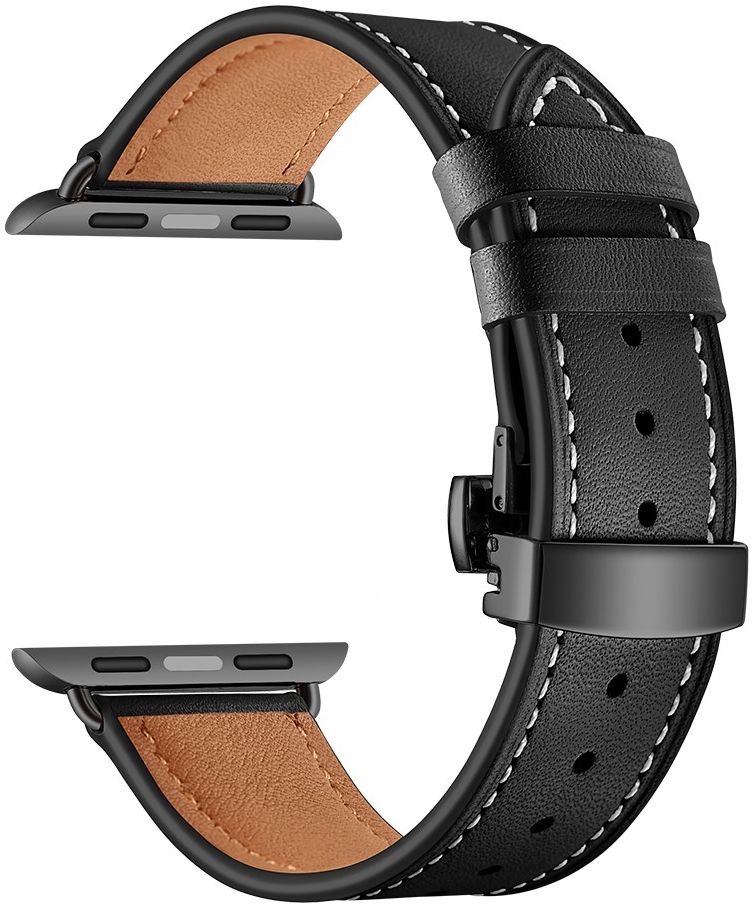 Apple Watch Band - 1-10/SE - 42/41/40/38MM - Echt Leer - Vlindersluiting - Zwart afbeelding 4