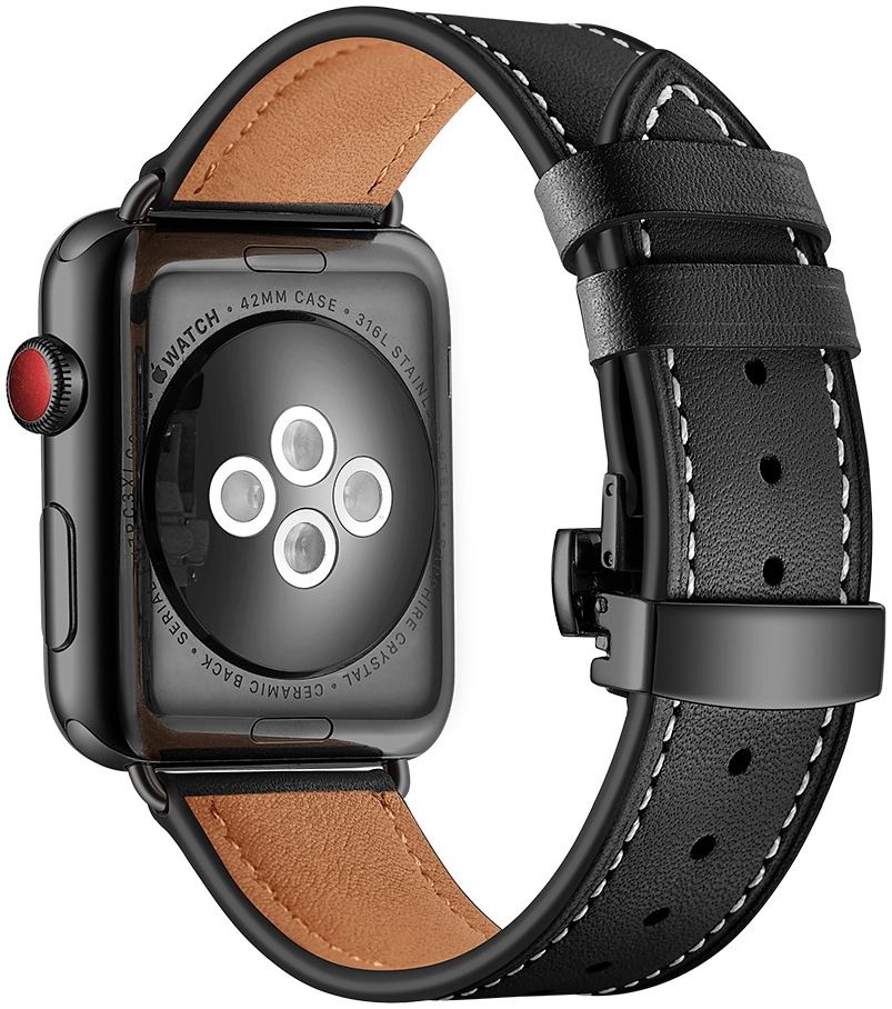 Apple Watch Band - 1-10/SE - 42/41/40/38MM - Echt Leer - Vlindersluiting - Zwart afbeelding 3
