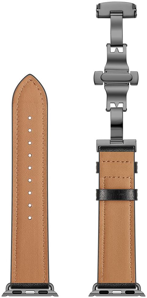 Apple Watch Band - 1-10/SE - 42/41/40/38MM - Echt Leer - Vlindersluiting - Zwart afbeelding 7