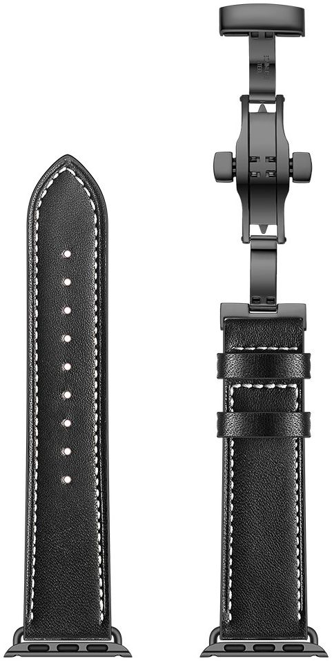 Apple Watch Band - 1-10/SE - 42/41/40/38MM - Echt Leer - Vlindersluiting - Zwart afbeelding 6