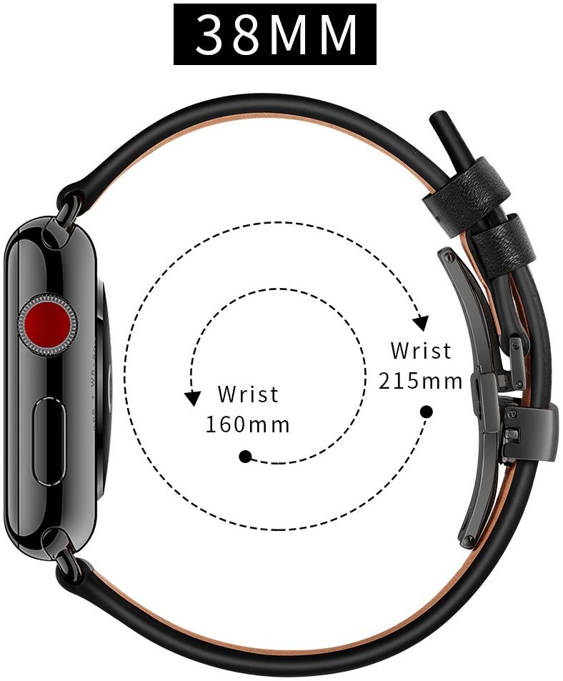 Apple Watch Band - 1-10/SE - 42/41/40/38MM - Echt Leer - Vlindersluiting - Zwart afbeelding 8