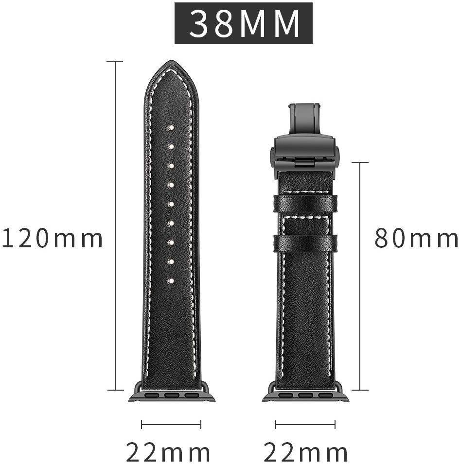 Apple Watch Band - 1-10/SE - 42/41/40/38MM - Echt Leer - Vlindersluiting - Zwart afbeelding 9