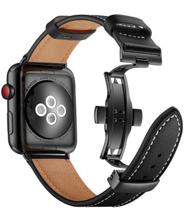Apple Watch 45MM -42MM Bandje Echt Leer met RVS Vlindersluiting Zwart Bandjes