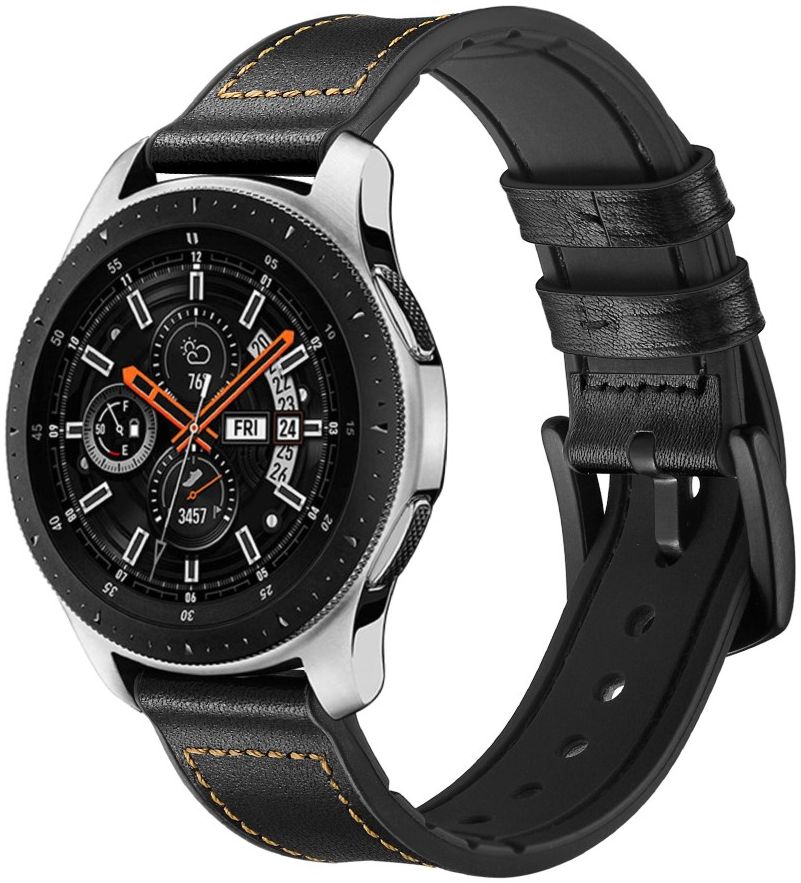 Universeel Smartwatch 22MM Bandje - Cowhide - Echt Leer en Siliconen - Zwart afbeelding 3