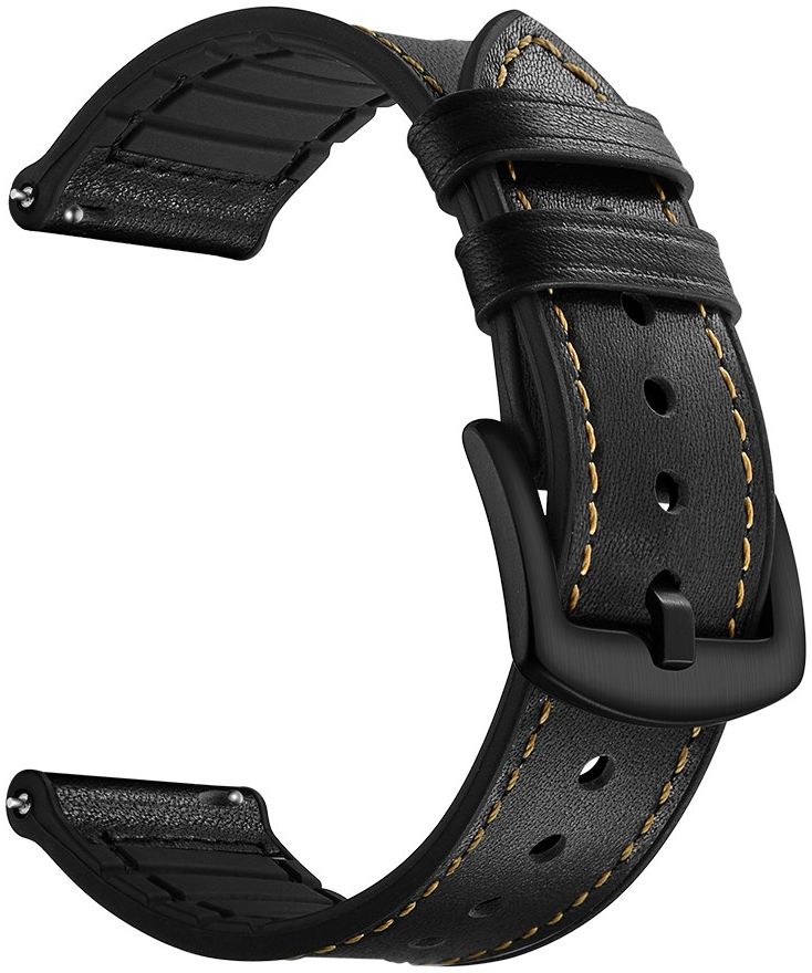Universeel Smartwatch 22MM Bandje - Cowhide - Echt Leer en Siliconen - Zwart afbeelding 4