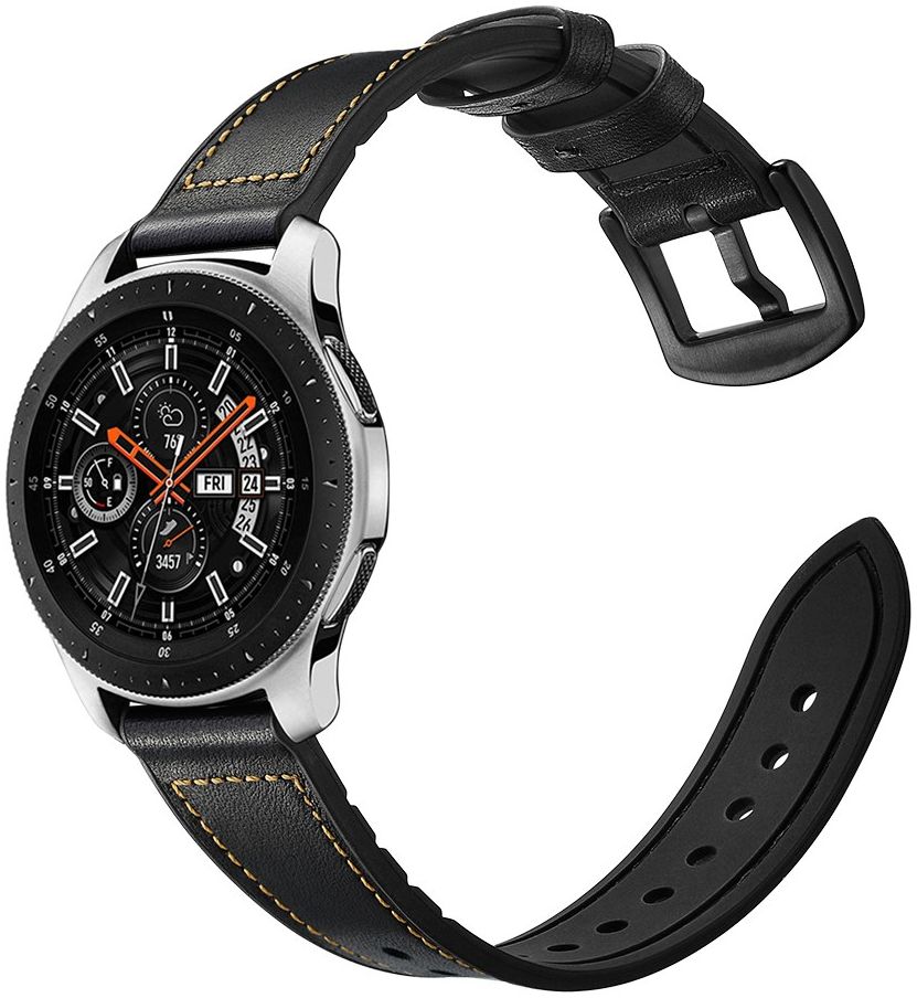Universeel Smartwatch 22MM Bandje - Cowhide - Echt Leer en Siliconen - Zwart afbeelding 1