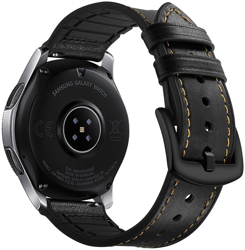 Universeel Smartwatch 22MM Bandje - Cowhide - Echt Leer en Siliconen - Zwart afbeelding 2