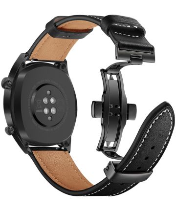 Universeel Smartwatch 22MM Bandje Echt Leer met Vlindersluiting Zwart Bandjes