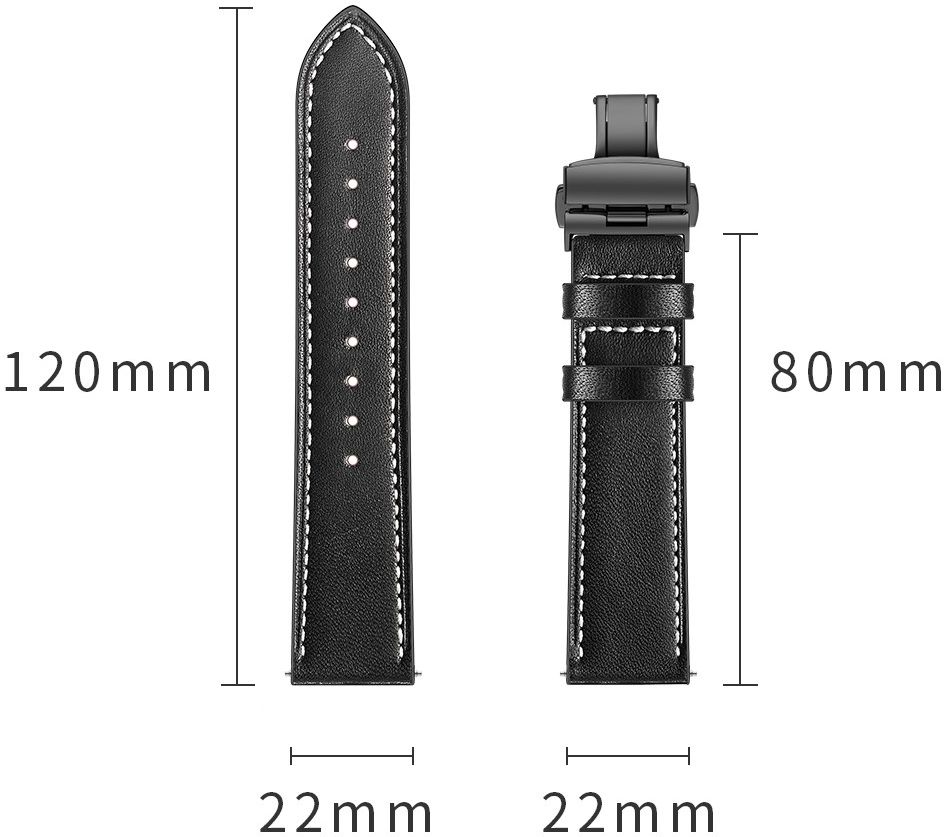 Universeel Smartwatch 22MM Bandje - Echt Leer - met Vlindersluiting - Zwart afbeelding 9