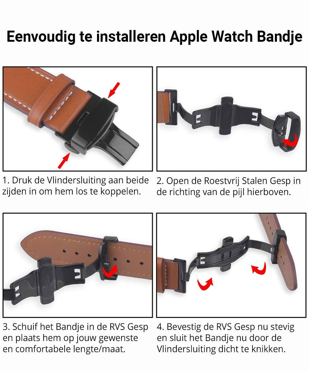 Universeel Smartwatch 22MM Bandje - Echt Leer - met Vlindersluiting - Zwart afbeelding 10