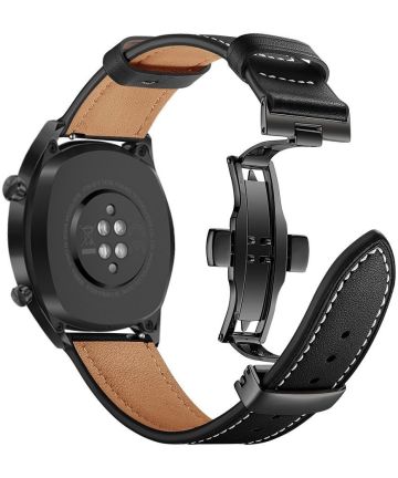 Universeel Smartwatch 20MM Bandje Echt Leer met Vlindersluiting Zwart Bandjes