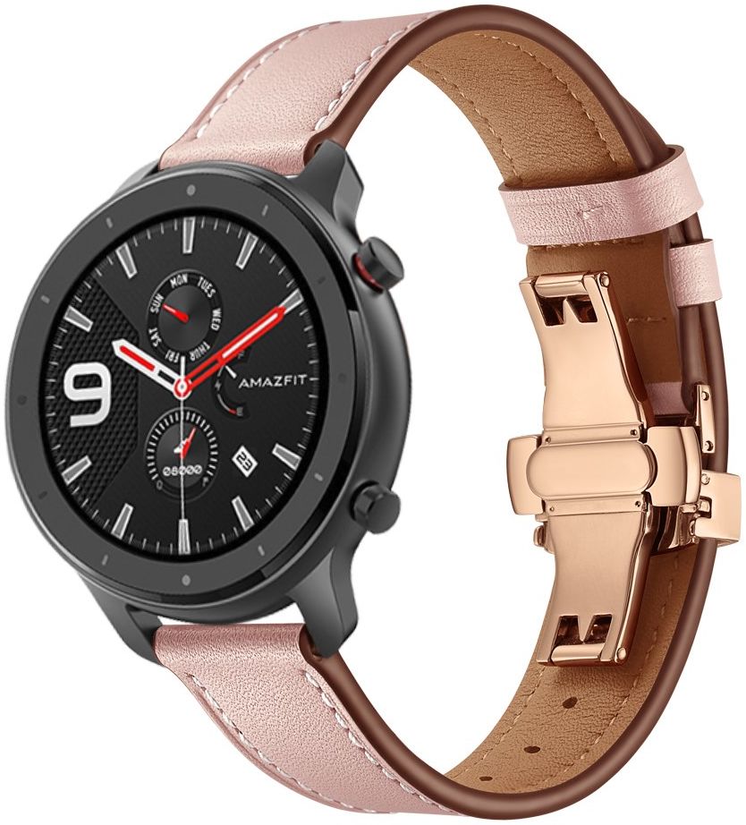 Universeel Smartwatch 20MM Bandje - Echt Leer - met Vlindersluiting - Roze afbeelding 2