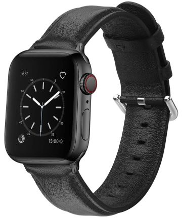 Apple Watch 45MM / 44MM / 42MM Bandje Echt Leer met Gespsluiting Zwart Bandjes
