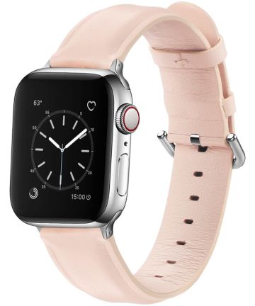 Apple Watch 45MM / 44MM / 42MM Bandje Echt Leer met Gespsluiting Roze Bandjes