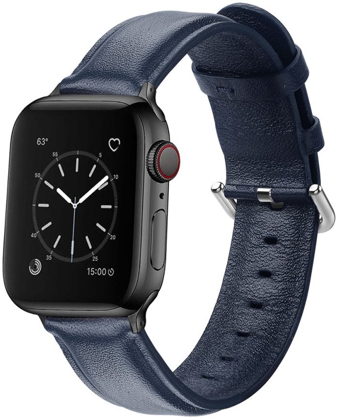 Apple Watch 45MM / 44MM / 42MM Bandje Echt Leer met Gespsluiting Blauw afbeelding 1