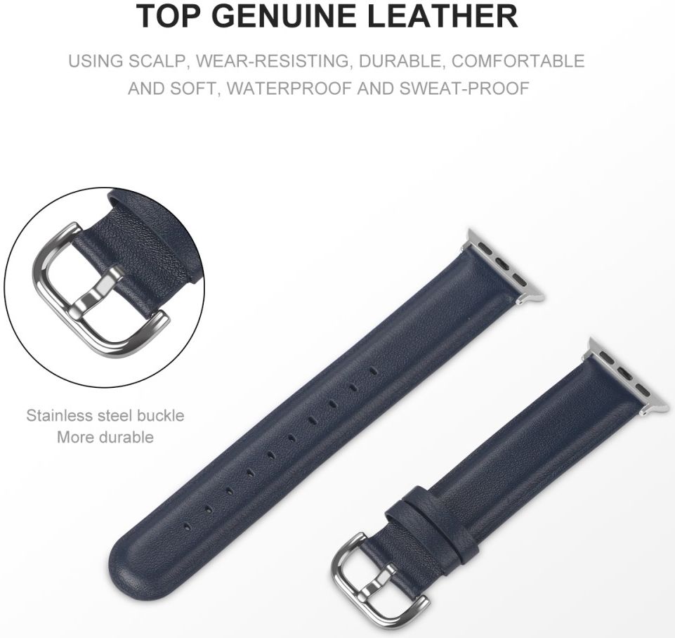 Apple Watch 45MM / 44MM / 42MM Bandje Echt Leer met Gespsluiting Blauw afbeelding 3