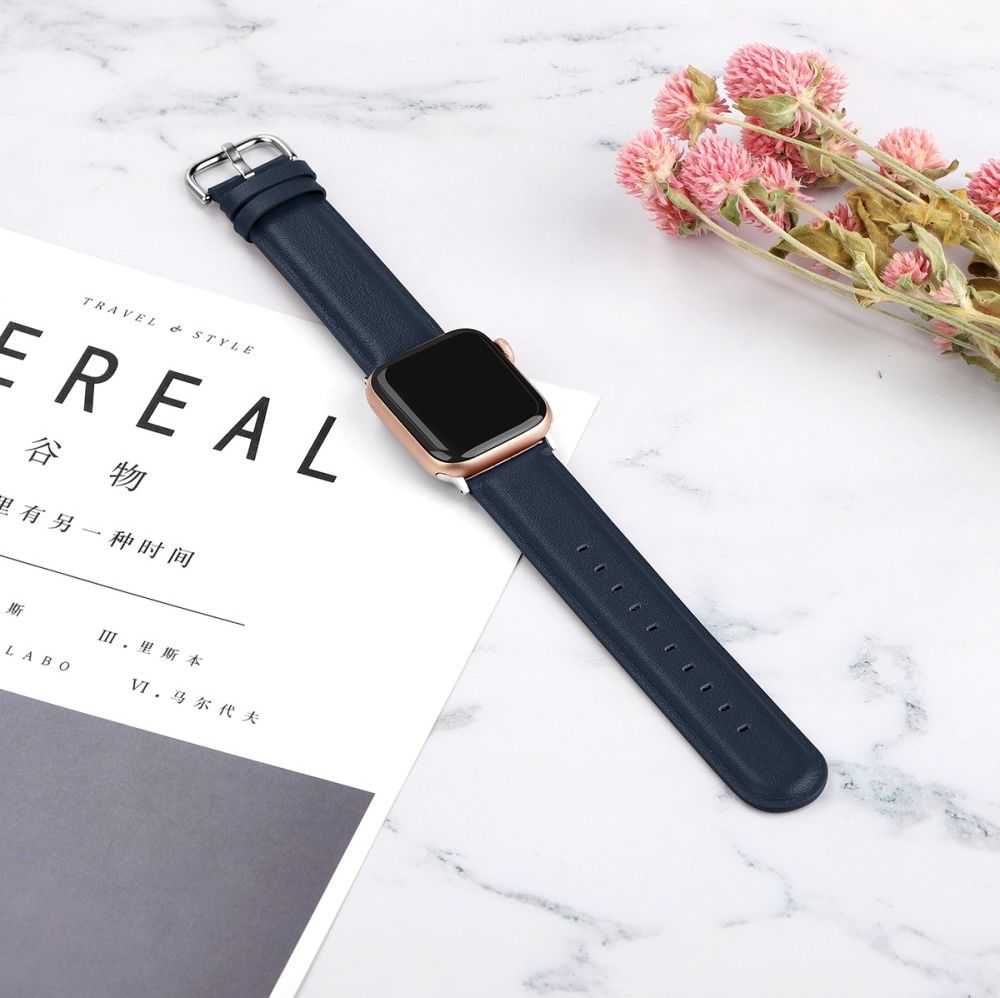 Apple Watch 45MM / 44MM / 42MM Bandje Echt Leer met Gespsluiting Blauw afbeelding 4