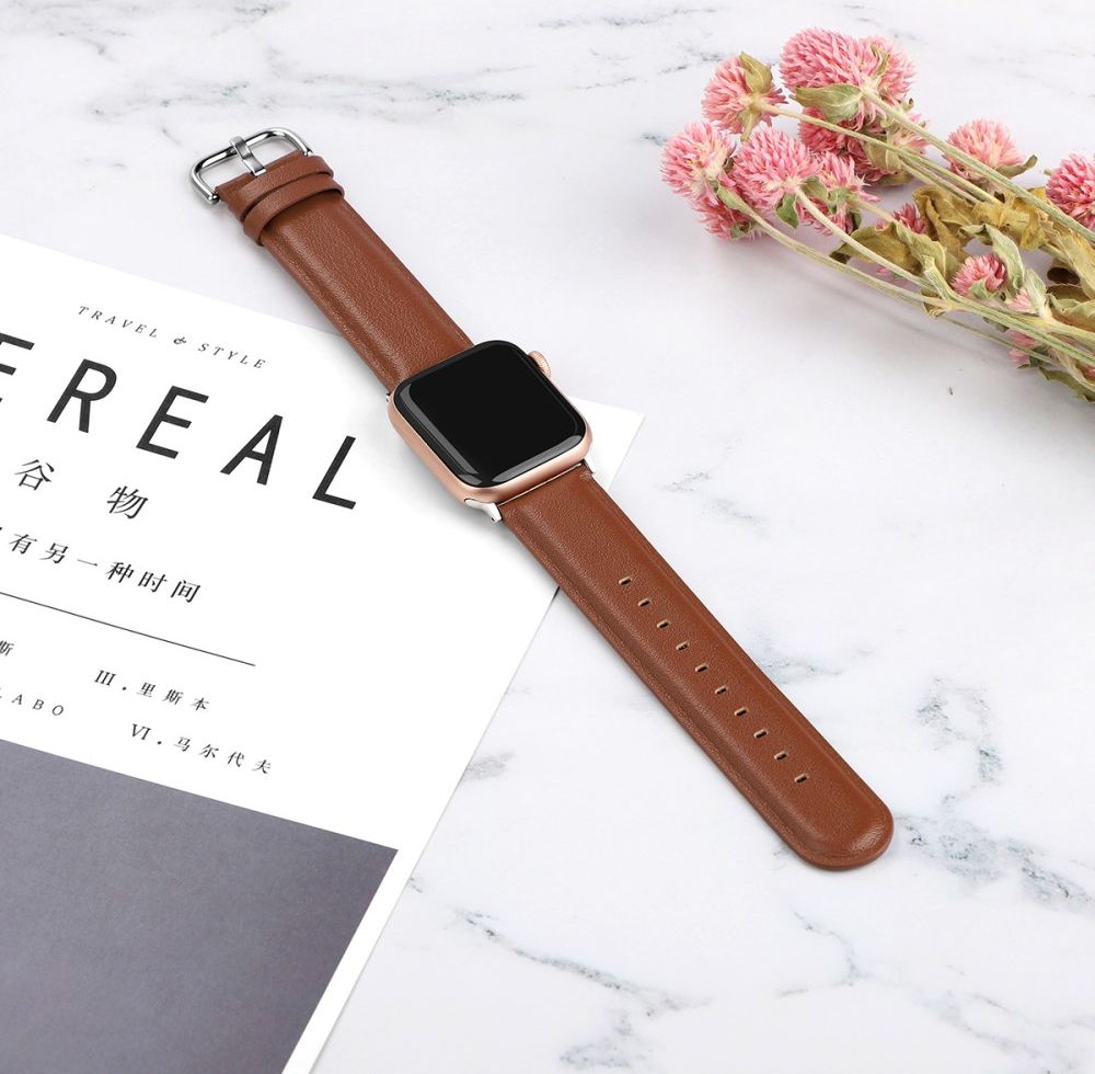 Apple Watch 45MM / 44MM / 42MM Bandje Echt Leer met Gespsluiting Bruin afbeelding 4