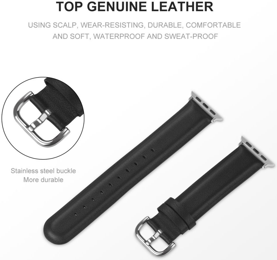 Apple Watch Bandje - 1-10/SE/Ultra - 42/41/40/38MM - Leer - Gespsluiting - Zwart afbeelding 2