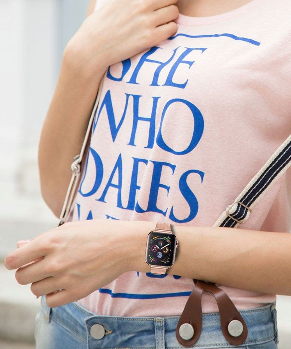 Apple Watch 45MM / 44MM / 42MM Bandje Milanese Staal met Klemsluiting Rosé afbeelding 3