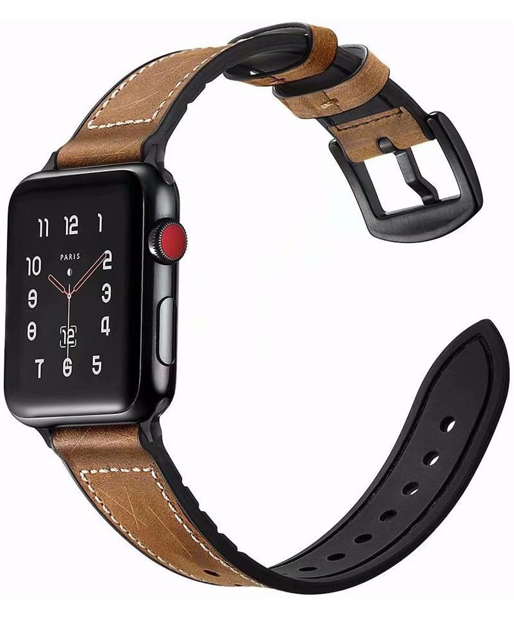 Apple Watch 45MM / 44MM / 42MM Bandje Cowhide Echt Leer en Siliconen Bruin afbeelding 1