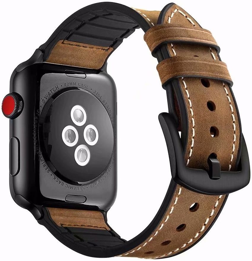 Apple Watch 45MM / 44MM / 42MM Bandje Cowhide Echt Leer en Siliconen Bruin afbeelding 2