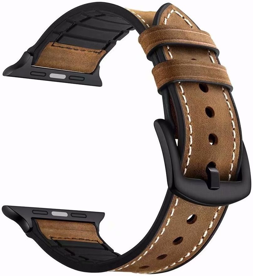 Apple Watch 45MM / 44MM / 42MM Bandje Cowhide Echt Leer en Siliconen Bruin afbeelding 4