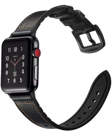 Apple Watch 45MM / 44MM / 42MM Bandje Cowhide Echt Leer en Siliconen Zwart Bandjes
