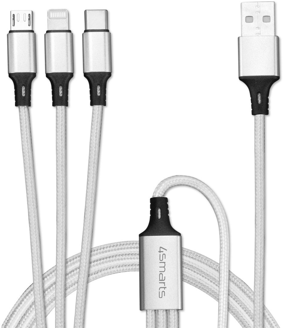 4Smarts 3-in-1 USB-C Lightning Micro USB Kabel 1 Meter Wit afbeelding 1