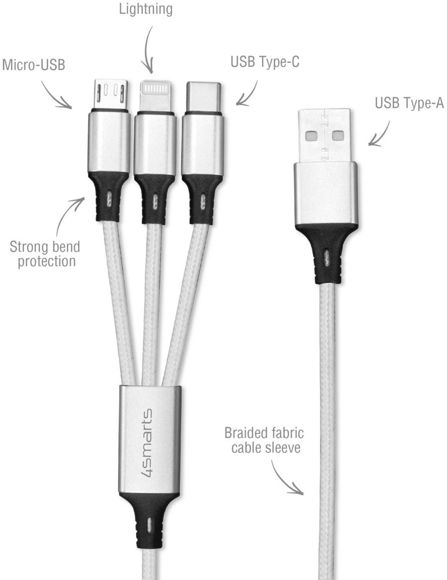 4Smarts 3-in-1 USB-C Lightning Micro USB Kabel 1 Meter Wit afbeelding 2