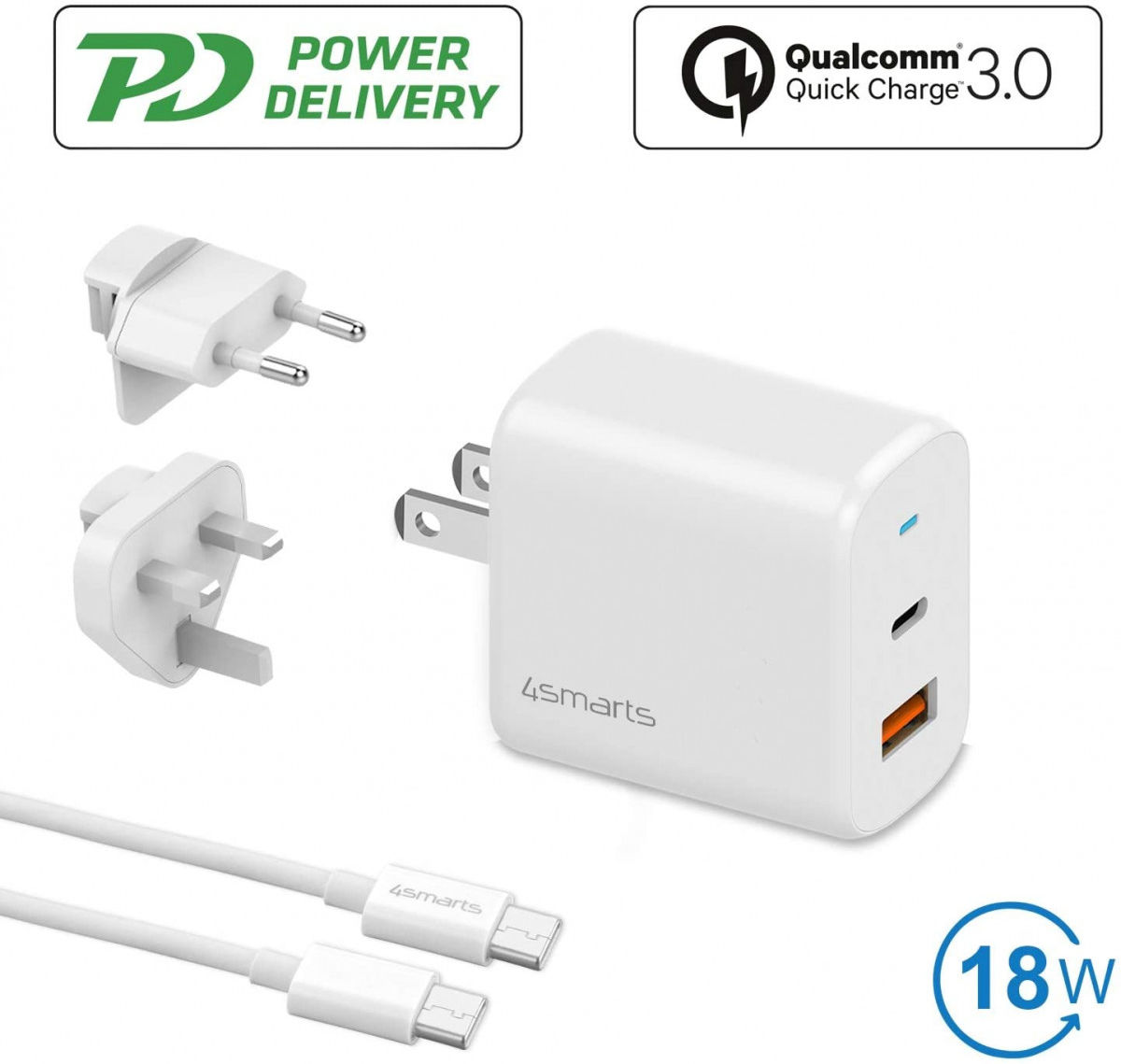 4smarts 18W Reislader Set met USB en USB-C Poort + USB-C Kabel 1.5M afbeelding 3