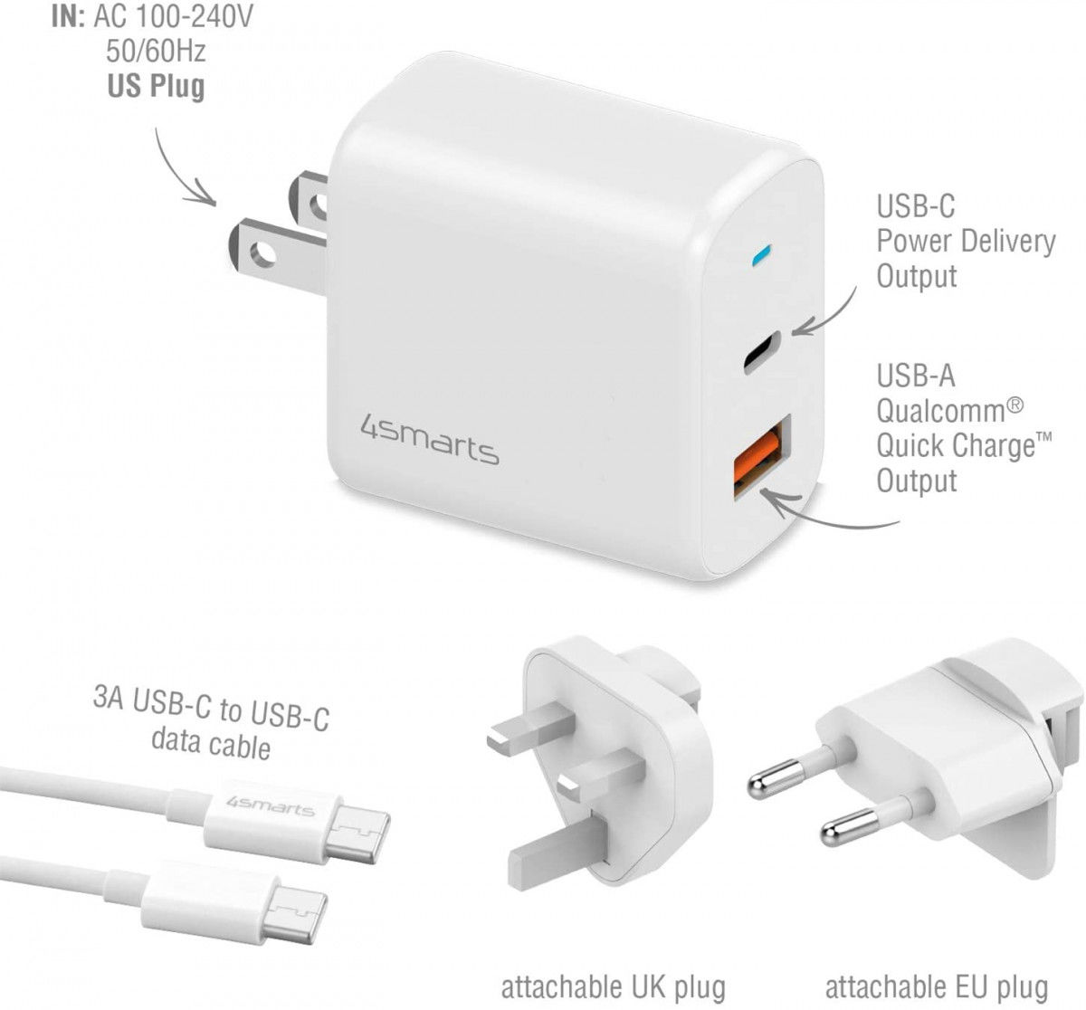 4smarts 18W Reislader Set met USB en USB-C Poort + USB-C Kabel 1.5M afbeelding 4