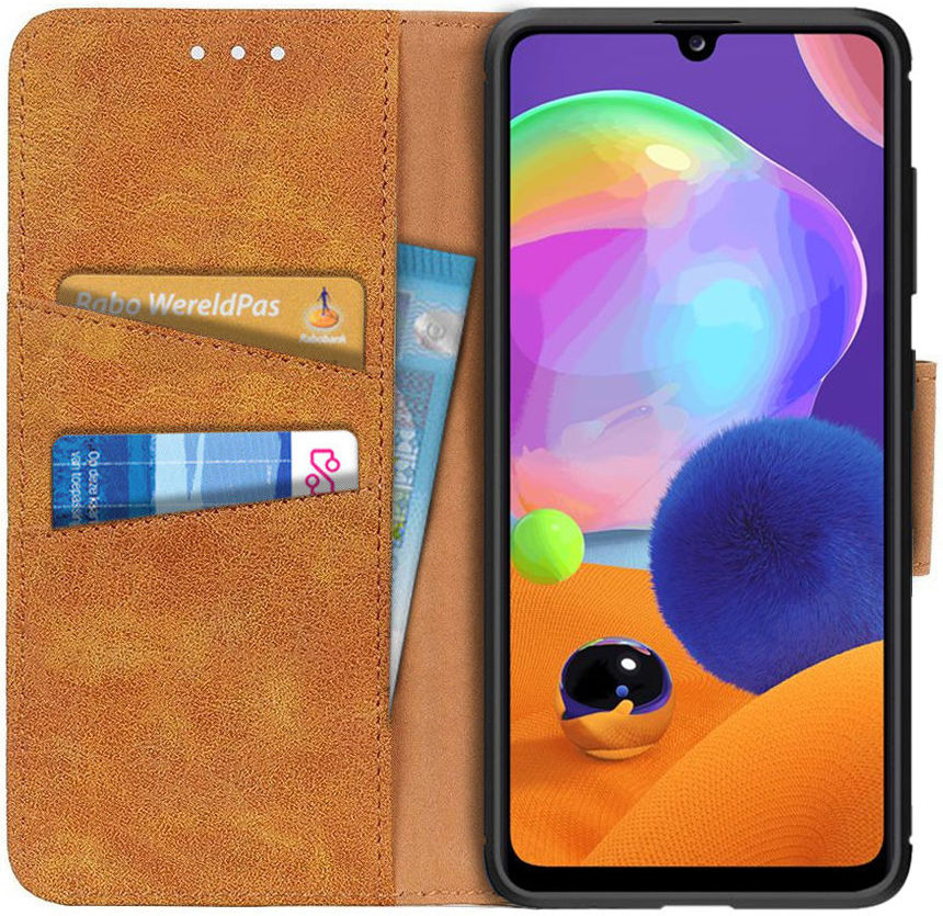 Samsung Galaxy A31 Hoesje Vintage Wallet Kunstleer Book Case Bruin afbeelding 1