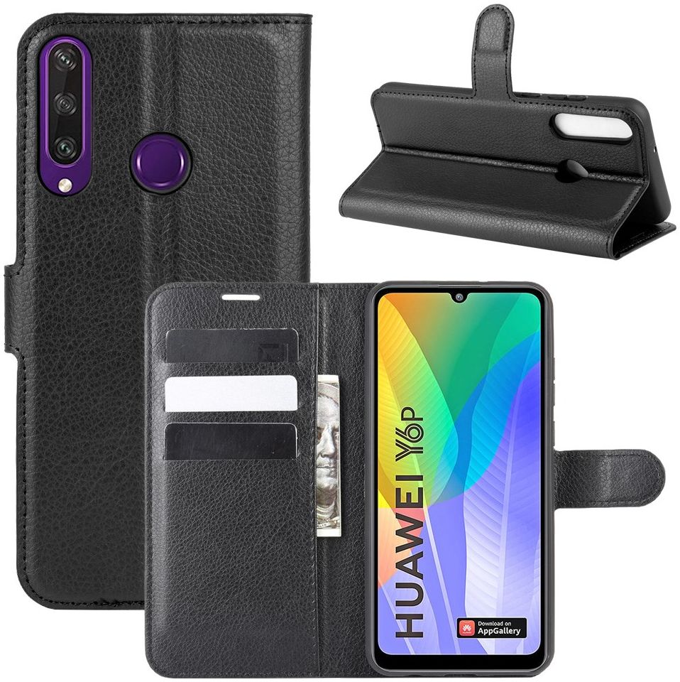 Huawei Y6p Litchi Skin Portemonnee Hoesje Zwart afbeelding 1