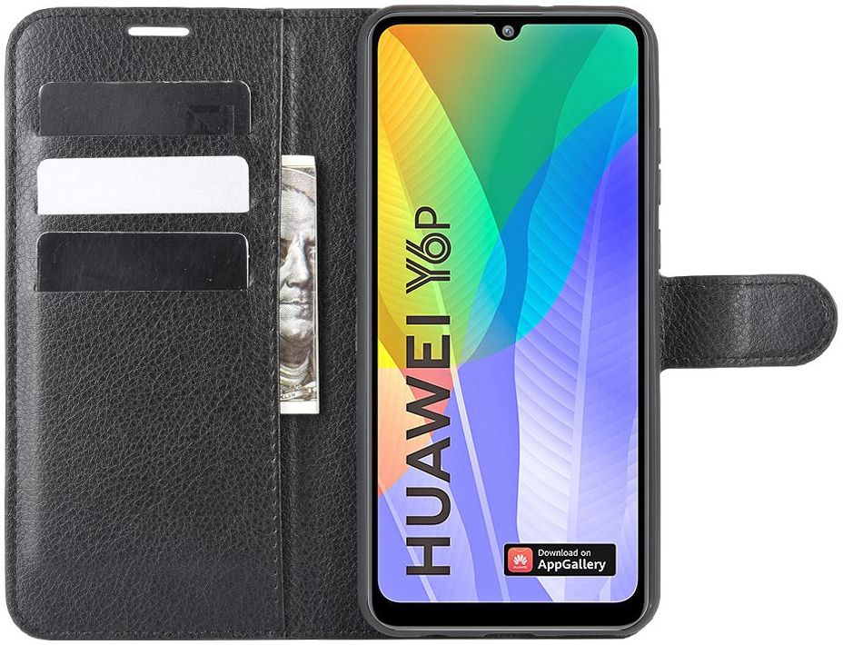 Huawei Y6p Litchi Skin Portemonnee Hoesje Zwart afbeelding 4