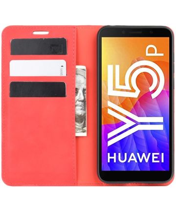 Huawei Y5p Book Case Hoesje Luxe Wallet Kunst Leer Rood Hoesjes