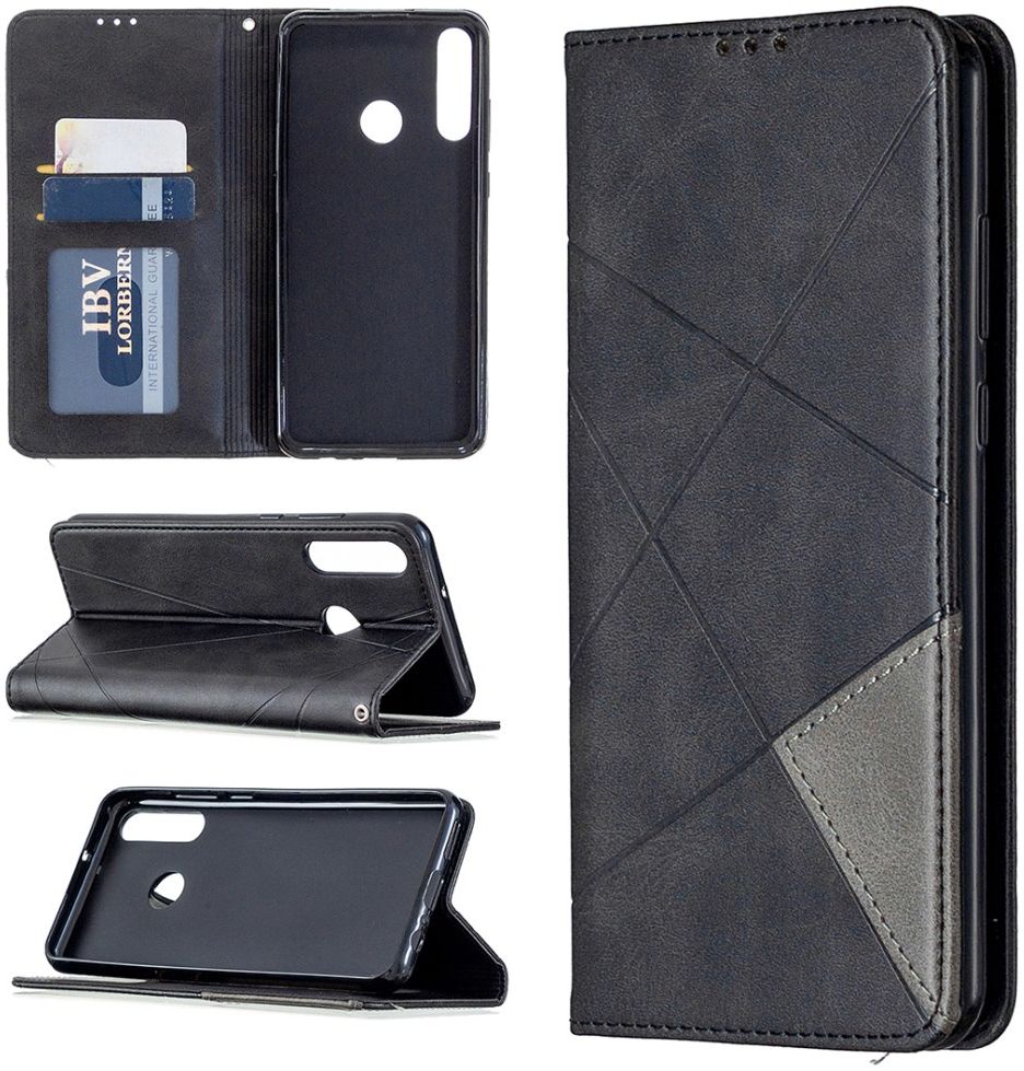 Huawei Y6p Geometrich Portemonnee Hoesje Zwart afbeelding 1