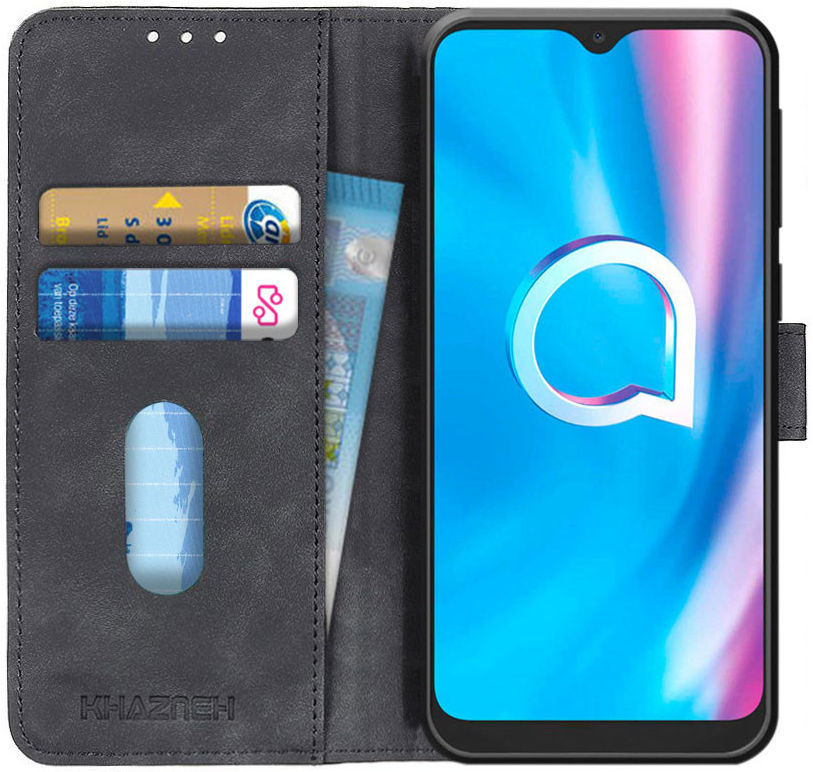 KHAZNEH  Alcatel 1SE (2020) Hoesje Retro Wallet Book Case Zwart afbeelding 1