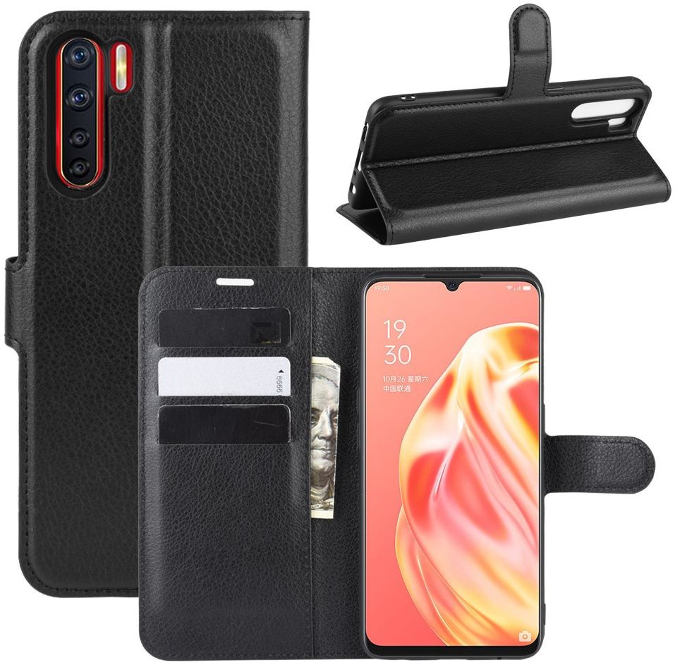Oppo A91 Litchi Skin Leren Portemonnee Hoesje Zwart afbeelding 1