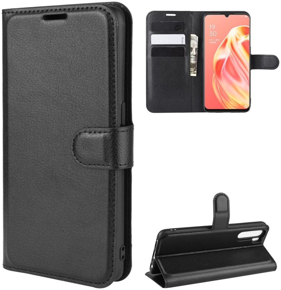 Oppo A91 Litchi Skin Leren Portemonnee Hoesje Zwart afbeelding 2