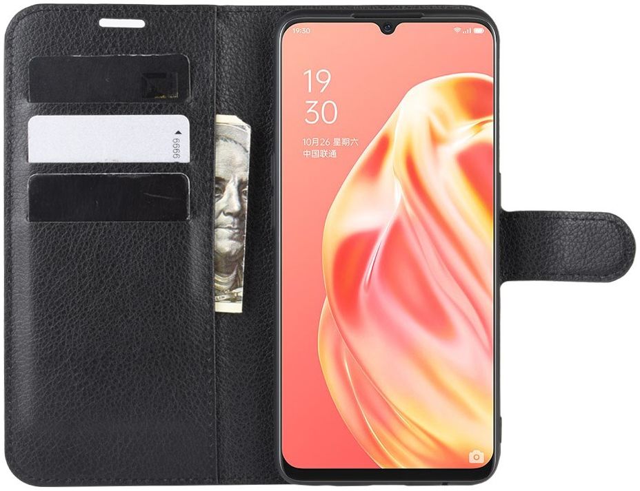 Oppo A91 Litchi Skin Leren Portemonnee Hoesje Zwart afbeelding 5
