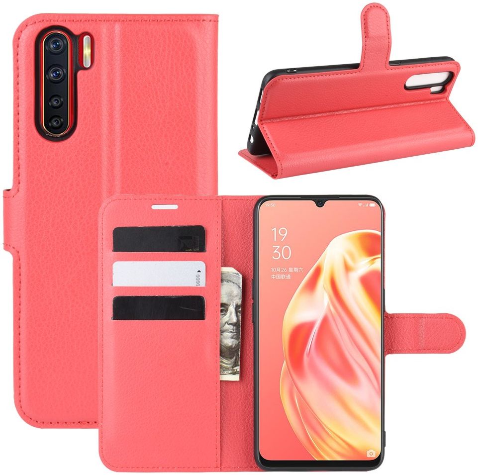 Oppo A91 Litchi Skin Leren Portemonnee Hoesje Rood afbeelding 1