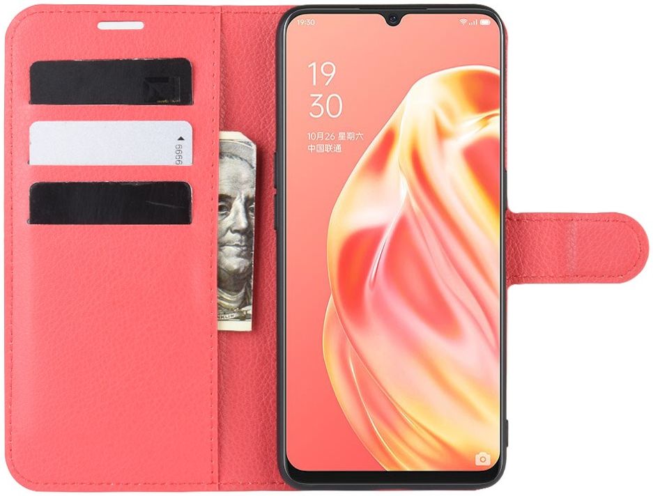 Oppo A91 Litchi Skin Leren Portemonnee Hoesje Rood afbeelding 4