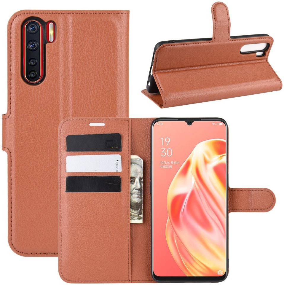 Oppo A91 Litchi Skin Leren Portemonnee Hoesje Bruin afbeelding 1