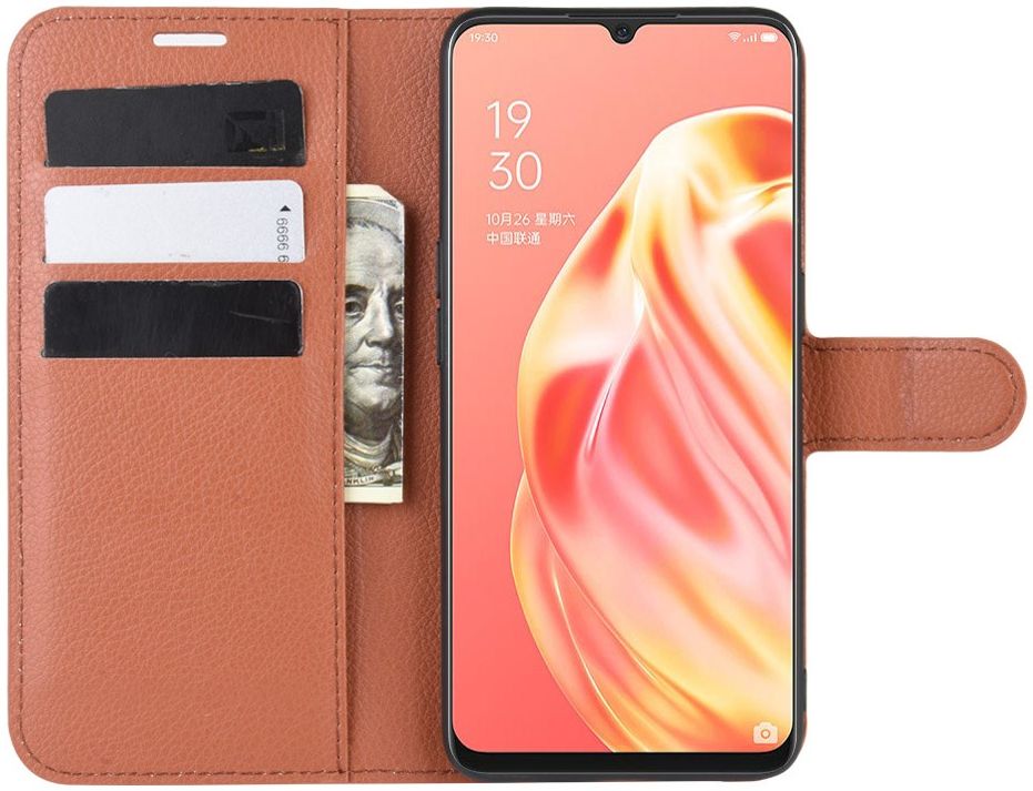Oppo A91 Litchi Skin Leren Portemonnee Hoesje Bruin afbeelding 4