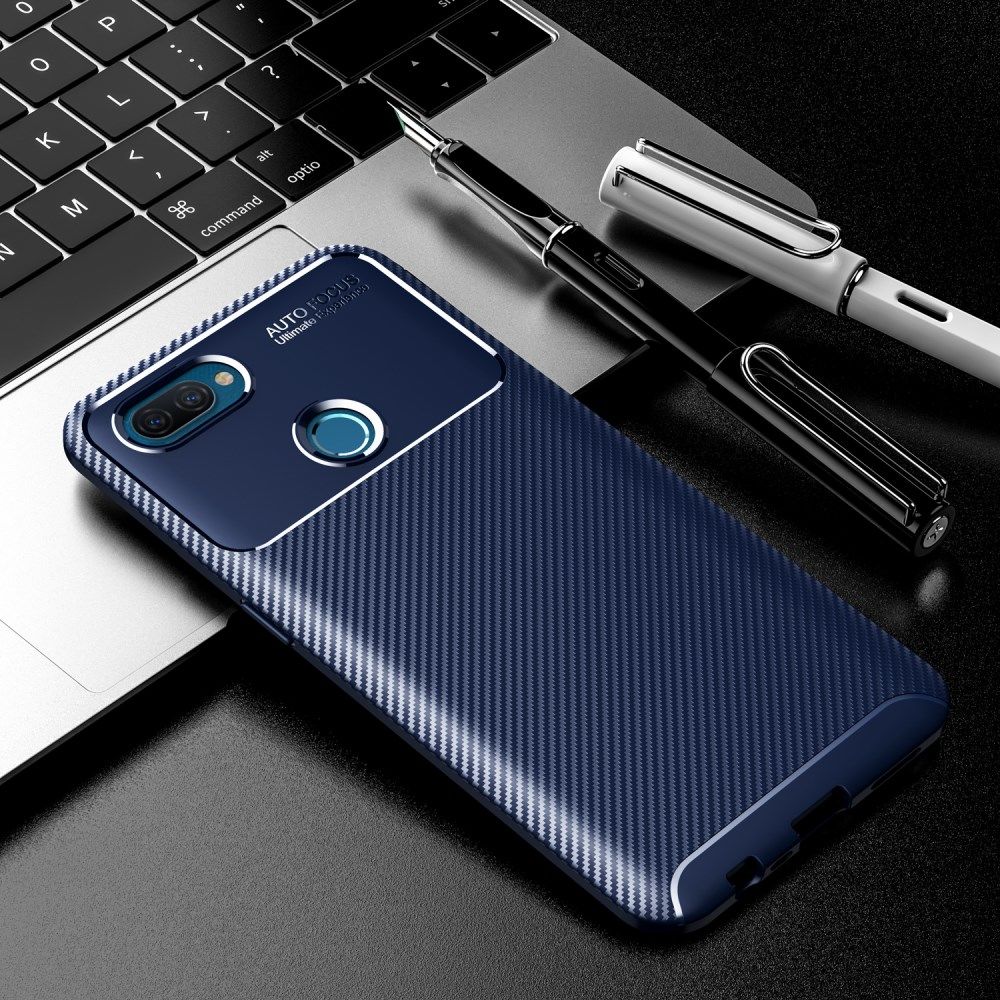 Oppo A12 Hoesje Geborsteld Carbon Flexibele Back Cover Blauw afbeelding 2